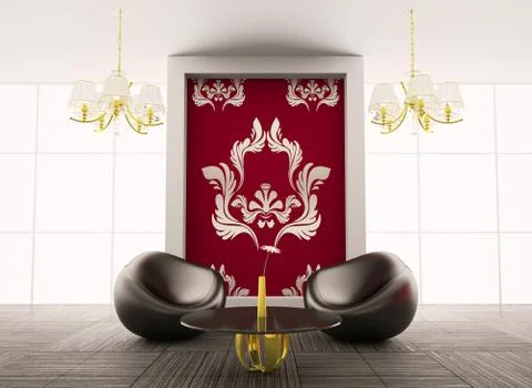 Interior with two armchairs and table 3d render Stock Illustration