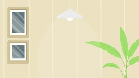 Interior with two framed pictures, a lamp and a large houseplant Stock Footage 340471649