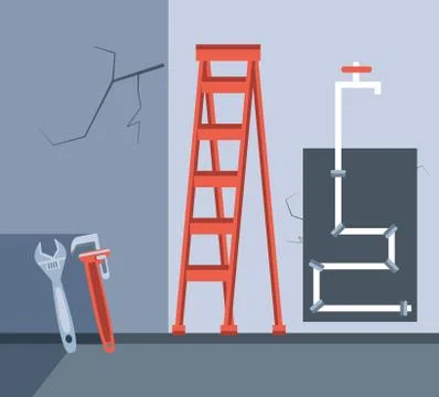 Interior under construction with pipeline and tools 스톡 일러스트