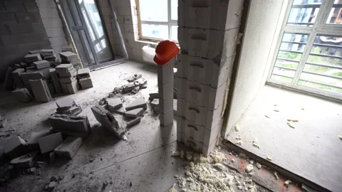Interior of the unfinished building of the room. Construction of gas blocks Stock Footage 137799670