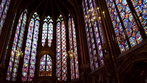 The interior upper level of Sainte-Chapelle, the Gothic royal chapel , Paris, Fr Stock Footage 240840669