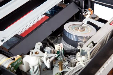 Interior of a vcr with a cassette inserted and playing Stock Photos