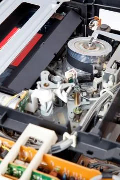 Interior of a vcr with a cassette inserted and playing Stock Photos
