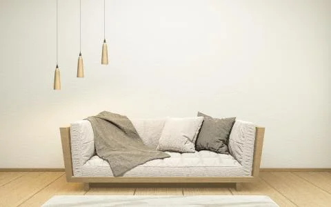 Interior with velvet sofa on empty white wall background japanese style, 3D r Stock Illustration