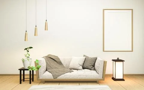 Interior with velvet sofa on empty white wall background japanese style, 3D r Illustrazione stock