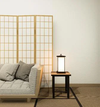 Interior with velvet sofa on empty white wall background japanese style, 3D r Stock Illustration