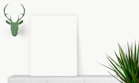 Interior vertical rectangular poster mockup standing on the table with plant  Stock Photos