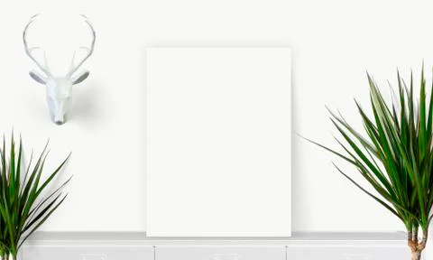 Interior vertical rectangular poster mockup standing on the table with plant  Stock Photos