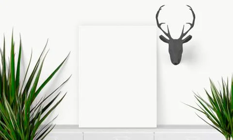 Interior vertical rectangular poster mockup standing on the table with plant  Stock Photos