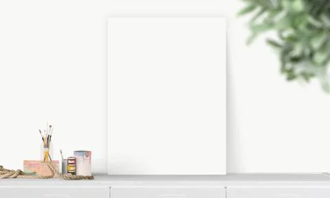 Interior vertical rectangular poster mockup standing on the table with plant  Stock Photos