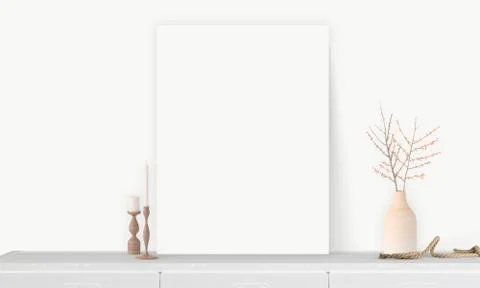Interior vertical rectangular poster mockup standing on the table with plant  Stock Photos