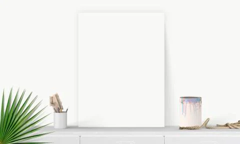 Interior vertical rectangular poster mockup standing on the table with plant  Stock Photos