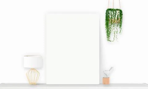 Interior vertical rectangular poster mockup standing on the table with plant  Stock Photos