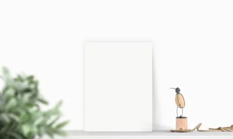 Interior vertical rectangular poster mockup standing on the table with plant  Stock Photos