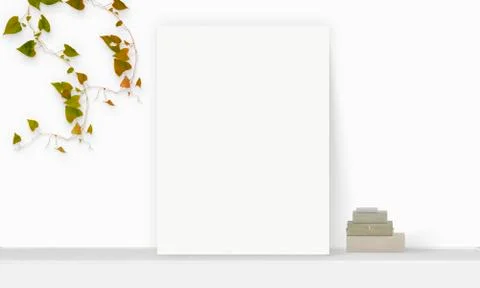 Interior vertical rectangular poster mockup standing on the table with autumn Stock Photos