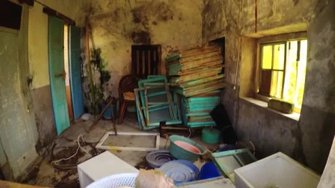 Interior view in an abandoned building with mold on concrete stone house wall an 스톡 동영상 242330319