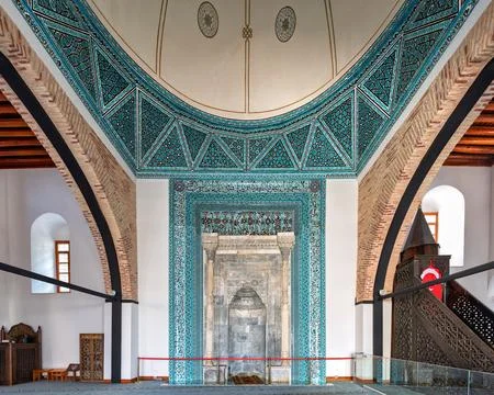 Interior view of Alaaddin Keykubad Mosque showcasing intricate mihrab in Konya Stock Photos