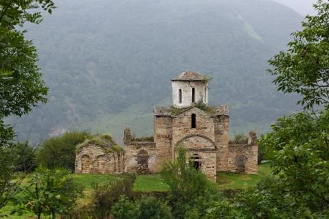 Interior view of an ancient monastery on top of a mountain in the Caucasus in Stock Photos