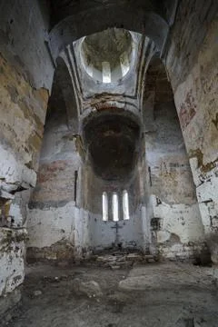 Interior view of an ancient monastery on top of a mountain in the Caucasus in Stock Photos