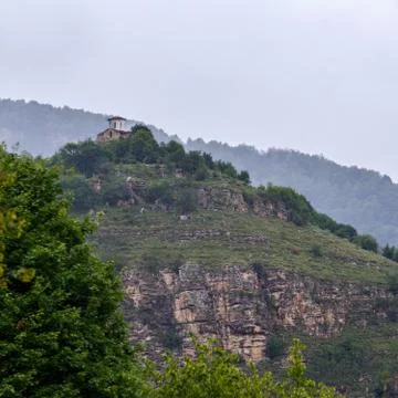 Interior view of an ancient monastery on top of a mountain in the Caucasus in Stock Photos