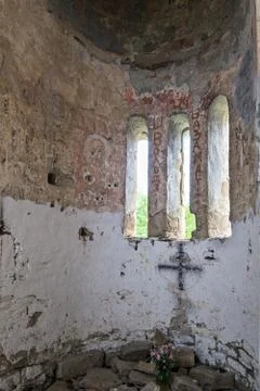 Interior view of an ancient monastery on top of a mountain in the Caucasus in Stock Photos