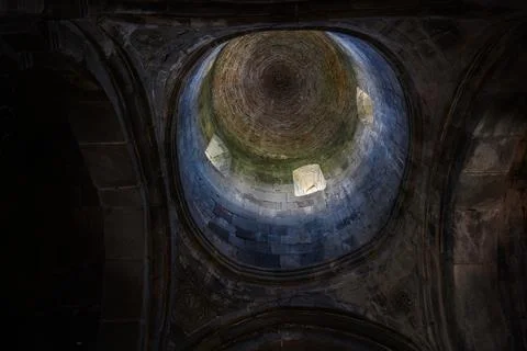Interior view of the ancient stone dome of Gergeti Trinity Church in Georgia 스톡 사진