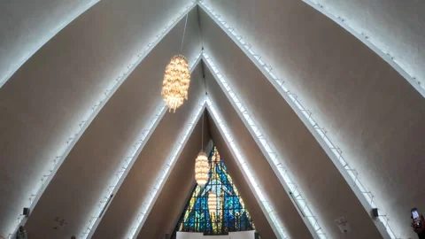 Interior view of Arctic Cathedral ceiling and chandeliers in Tromso Norway Stock Footage 341272674