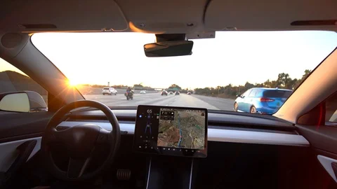 Interior view of autonomous car or EV in full self driving autopilot mode Stock Footage 118857064