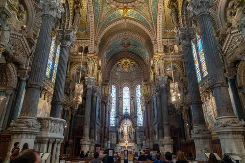 Interior view of the Basilica of Notre-Dame de Fourvire in Lyon, France Stock Photos