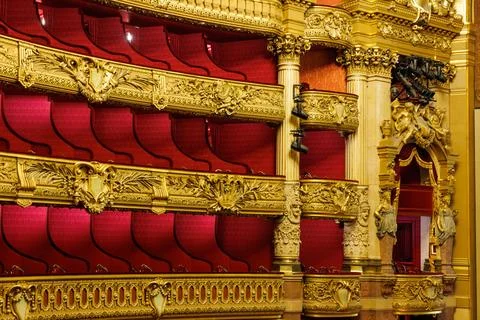 An interior view of the box seats at the Opera de Paris, Palais Garnier. Stock Photos