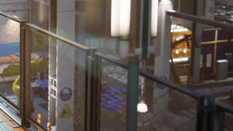 Interior view of a building showing structures and lighting from a high angle Stock Footage 345003446