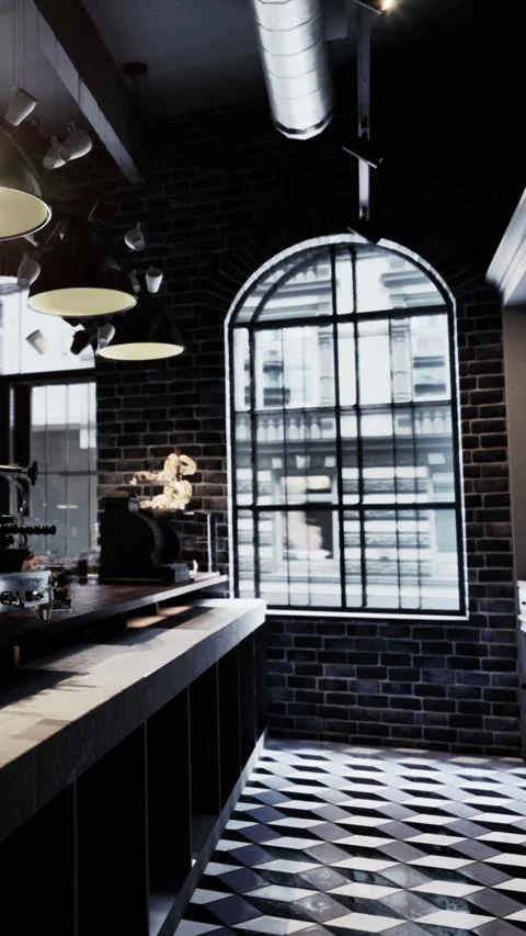Interior view of a cafe showing a bar counter and a large window Stock Footage 340645472