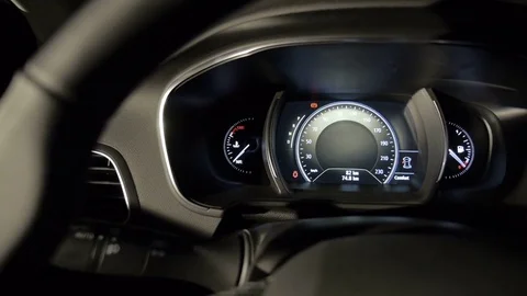 Interior view of car with black salon, speedometer and steering wheel. 1920x1080 Stock Footage 70052808