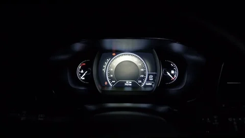 Interior view of car with black salon, speedometer and steering wheel. 1920x1080 스톡 동영상 70053264