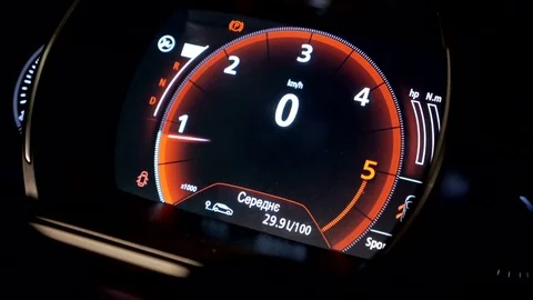 Interior view of car with black salon, speedometer and steering wheel. 1920x1080 Stock Footage 70054448