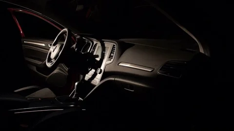 Interior view of car with black salon, speedometer and steering wheel. 1920x1080 Stock Footage 70054993