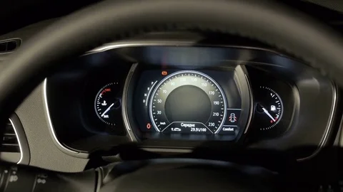 Interior view of car with black salon, speedometer and steering wheel. 1920x1080 Stock Footage 70055128