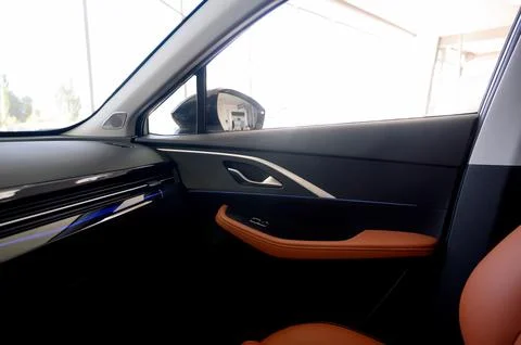 Interior view of a car showcasing brown leather seats with black seat belts. Stock Photos