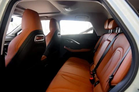 Interior view of a car showcasing brown leather seats with black seat belts. Stock Photos