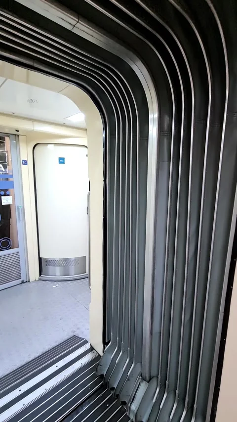Interior view of the carriage junction and toilet door of a train Stock Footage 287159569