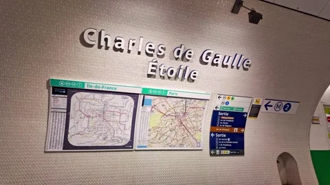 Interior view of the Charles de Gaulle Étoile metro station text sign in Stock Footage 305827907
