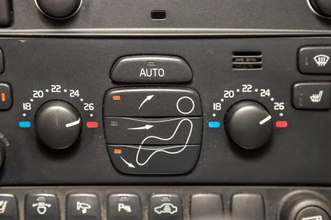 Interior view with climate-controle, buttons and dashboard of black used Volv Stock Photos
