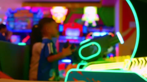 Interior view of colorful arcade game center Видео 330515114