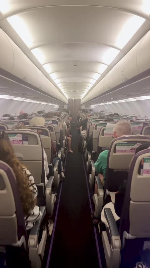 Interior View of a Crowded Commercial Airplane Cabin During Flight Stock Footage 329349548