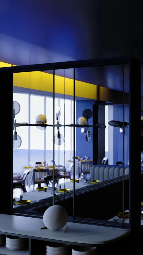 Interior view of a dining space during the evening with modern design features Stock Footage 334175359