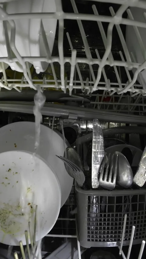 Interior view of dishwasher with dirty dishes as water spray starts cleaning Stock Footage 323187034