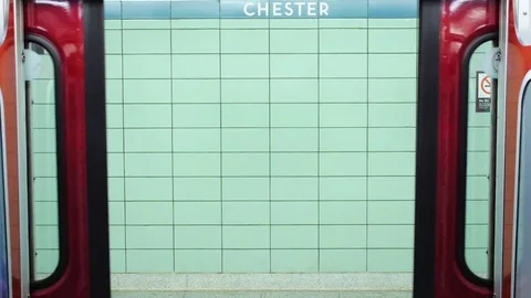 Interior view of doors on Toronto subway car closing before leaving station Stock Footage 82374431