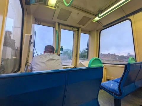 Interior view a driver operating the London Docklands Light Railway, DLR train Stock Photos