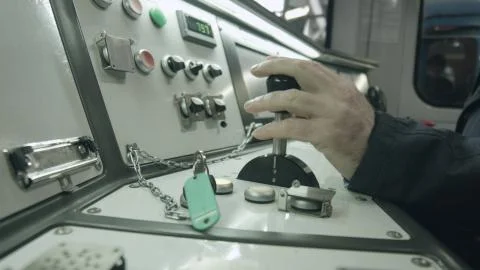 Interior view of the drivers cab high speed train. Stock Photos