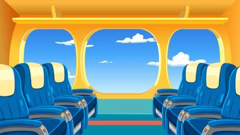 Interior View of Empty Airplane Cabin with Blue Seats and Sky Windows Stock Illustration